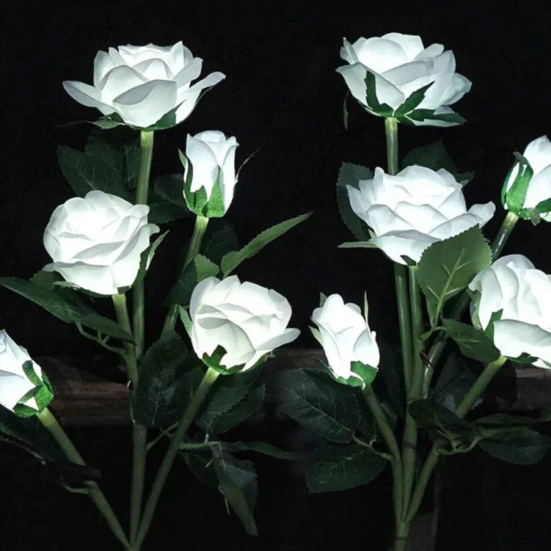Solar flower lights with realistic blooms in warm and cool white colors for garden decoration 9
