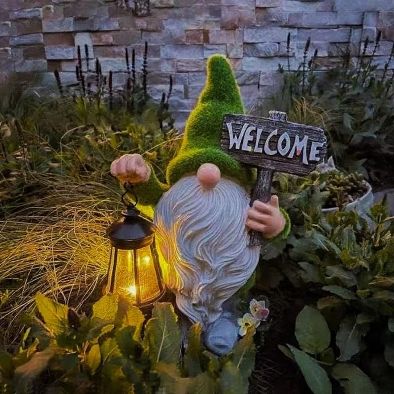 Set of 6 solar-powered garden gnomes with warm LED glow and automatic dusk sensor, weatherproof resin outdoor decoration