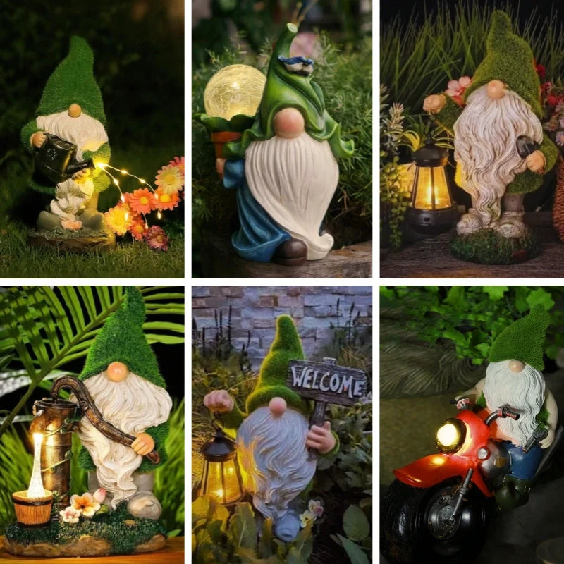 Set of 6 solar-powered garden gnomes with warm LED glow and automatic dusk sensor, weatherproof resin outdoor decoration 15