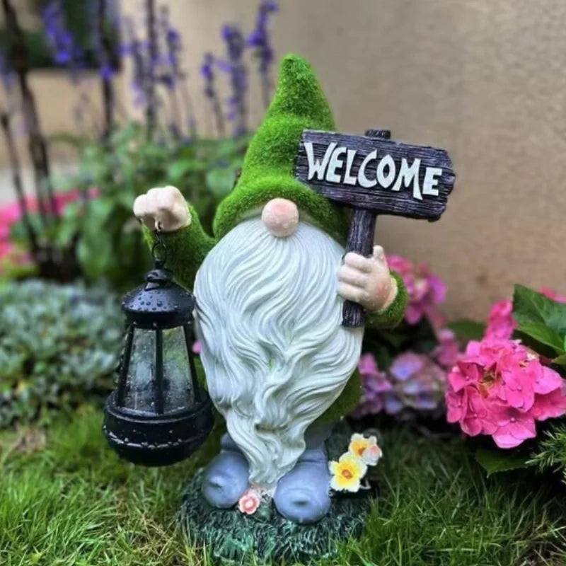Set of 6 solar-powered garden gnomes with warm LED glow and automatic dusk sensor, weatherproof resin outdoor decoration 9