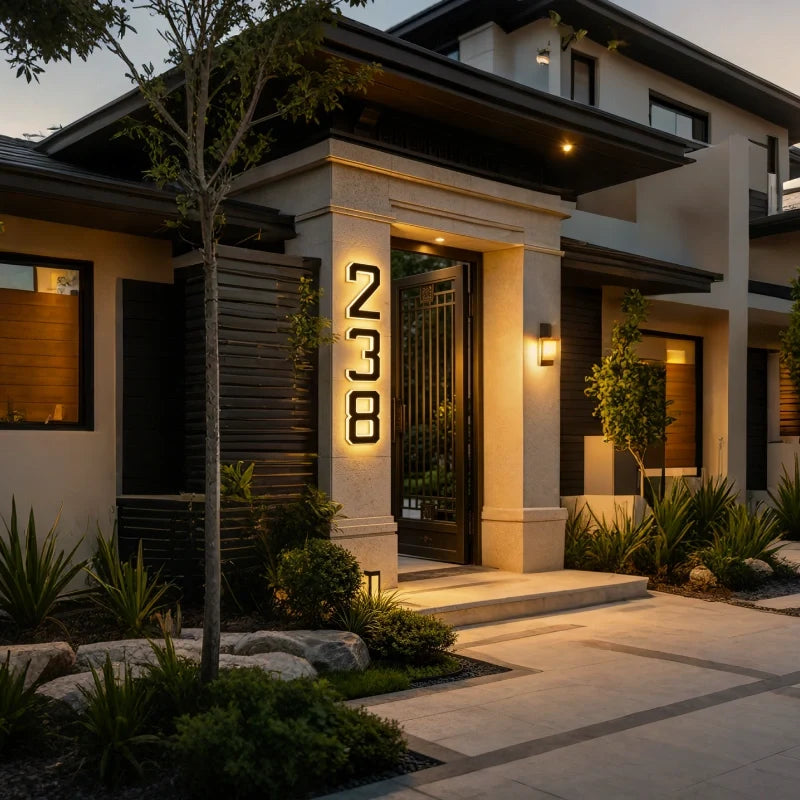 Solar-powered house number light with warm white LED illumination and modern matte black finish
