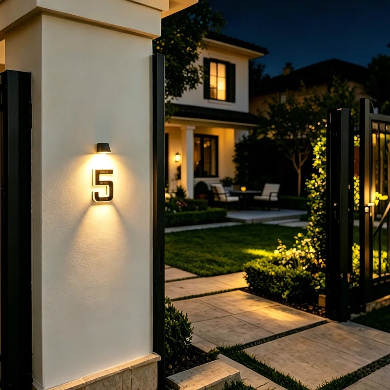Solar-powered house number light with warm white LED illumination and modern matte black finish 12