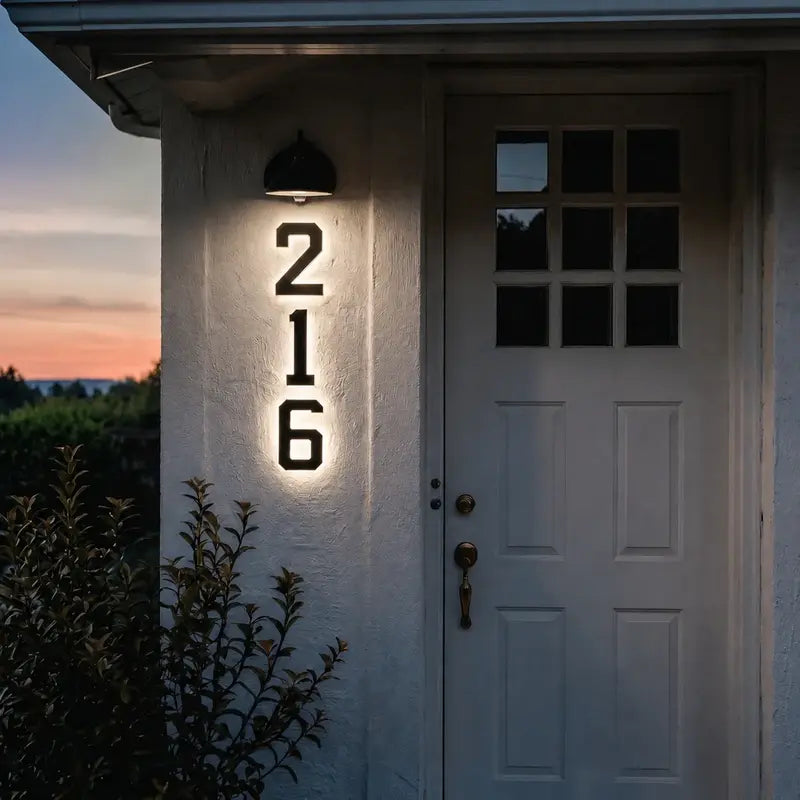 Solar-powered house number light with warm white LED illumination and modern matte black finish 13