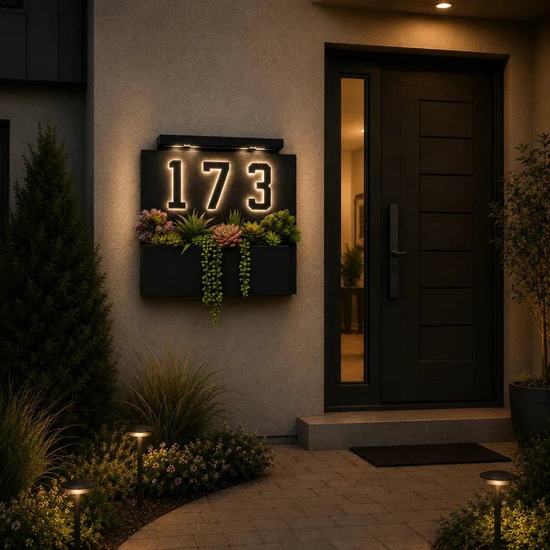 Solar-powered house number light with warm white LED illumination and modern matte black finish 14