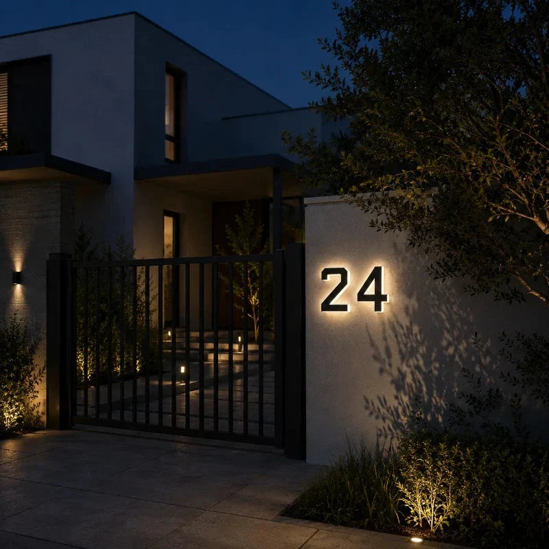 Solar-powered house number light with warm white LED illumination and modern matte black finish 15