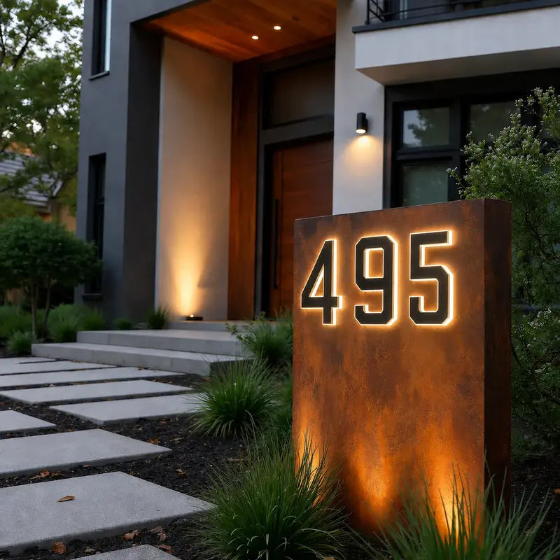 Solar-powered house number light with warm white LED illumination and modern matte black finish 16