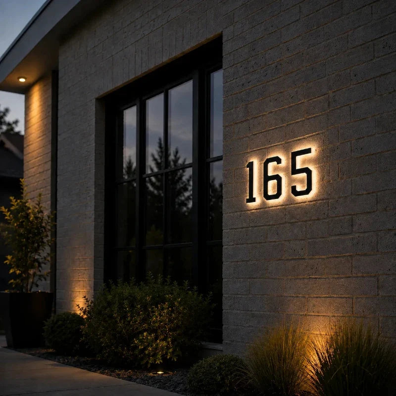 Solar-powered house number light with warm white LED illumination and modern matte black finish 22