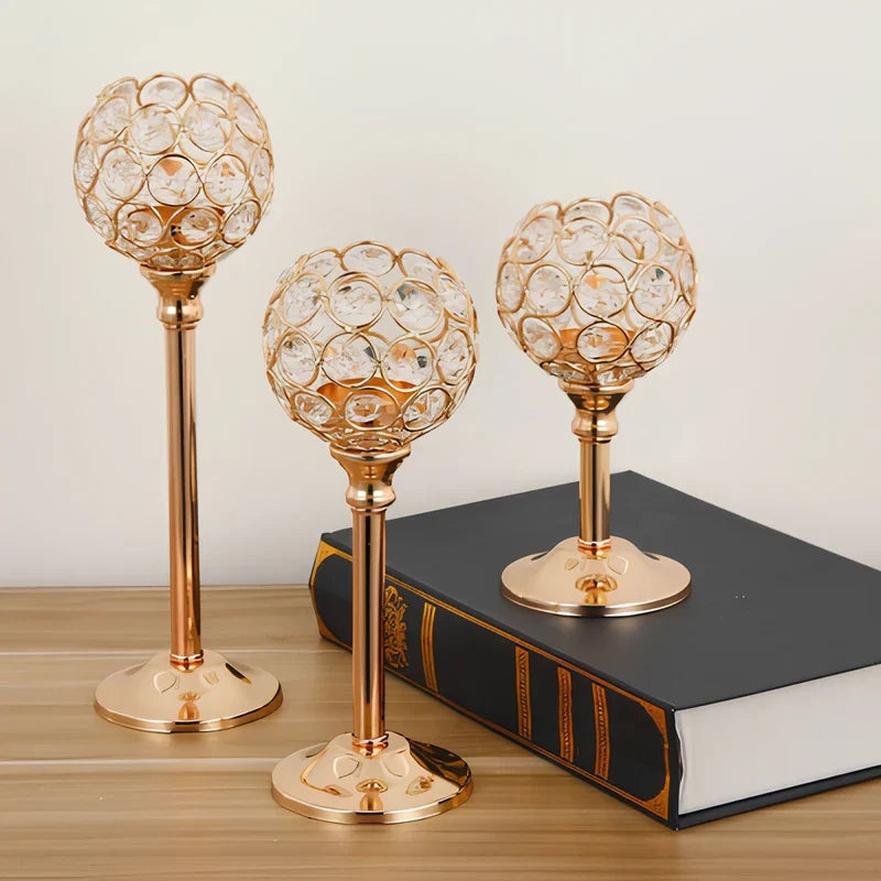 Sparkling crystal candle holder trio with faceted beads and metal bases in three sizes 10