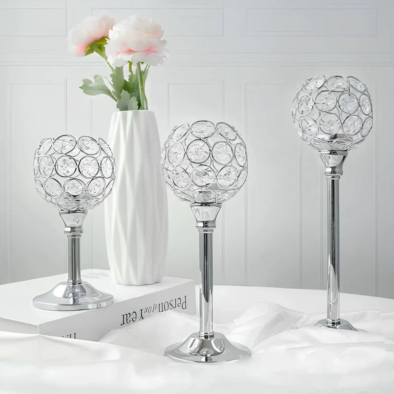 Sparkling crystal candle holder trio with faceted beads and metal bases in three sizes 12