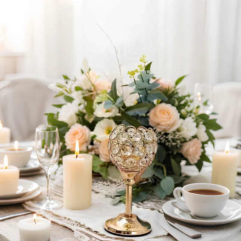 Sparkling crystal candle holder trio with faceted beads and metal bases in three sizes 13