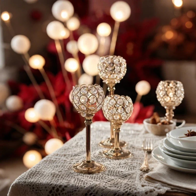Sparkling crystal candle holder trio with faceted beads and metal bases in three sizes 2