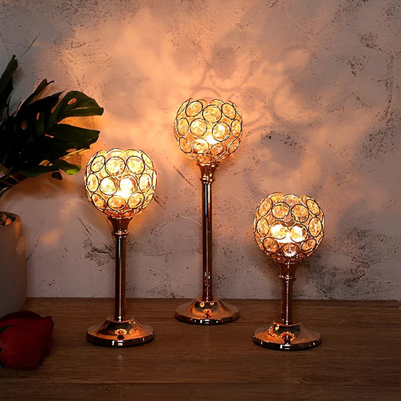 Sparkling crystal candle holder trio with faceted beads and metal bases in three sizes 5