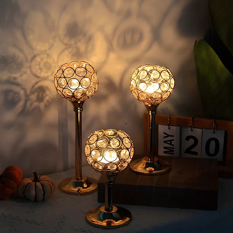 Sparkling crystal candle holder trio with faceted beads and metal bases in three sizes 6