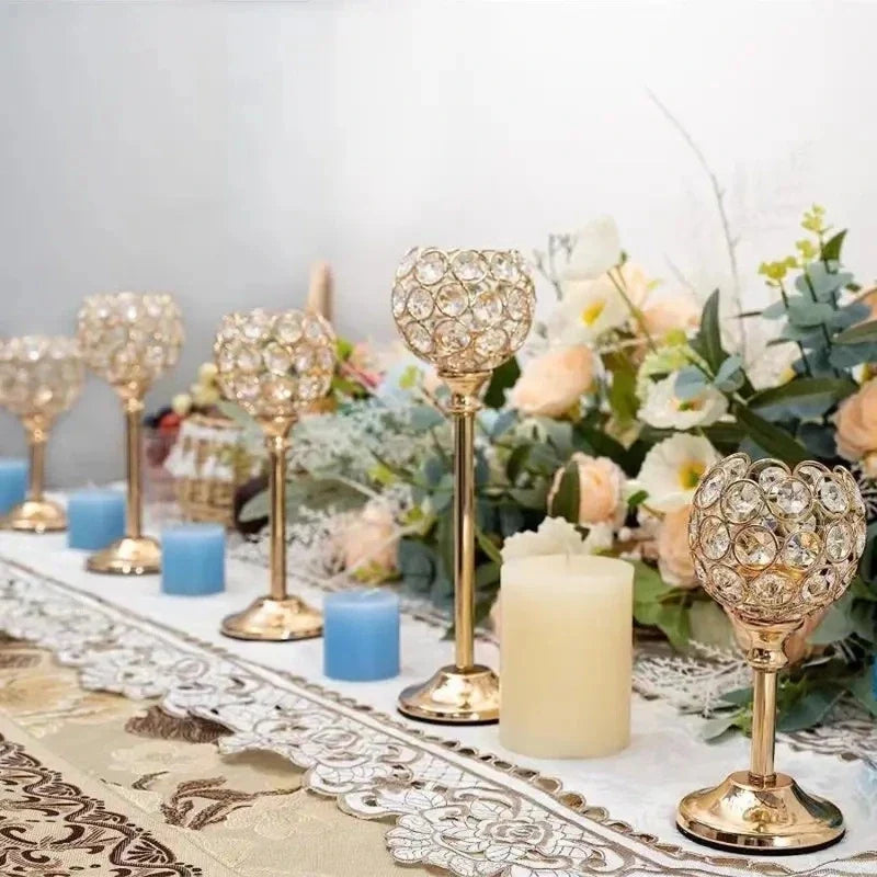 Sparkling crystal candle holder trio with faceted beads and metal bases in three sizes 8