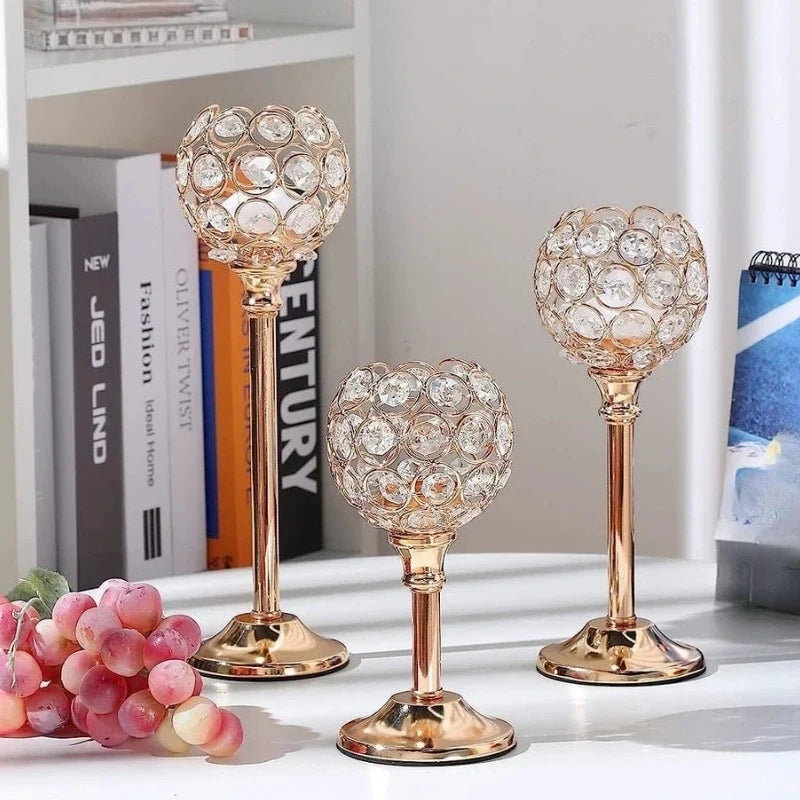 Sparkling crystal candle holder trio with faceted beads and metal bases in three sizes 9