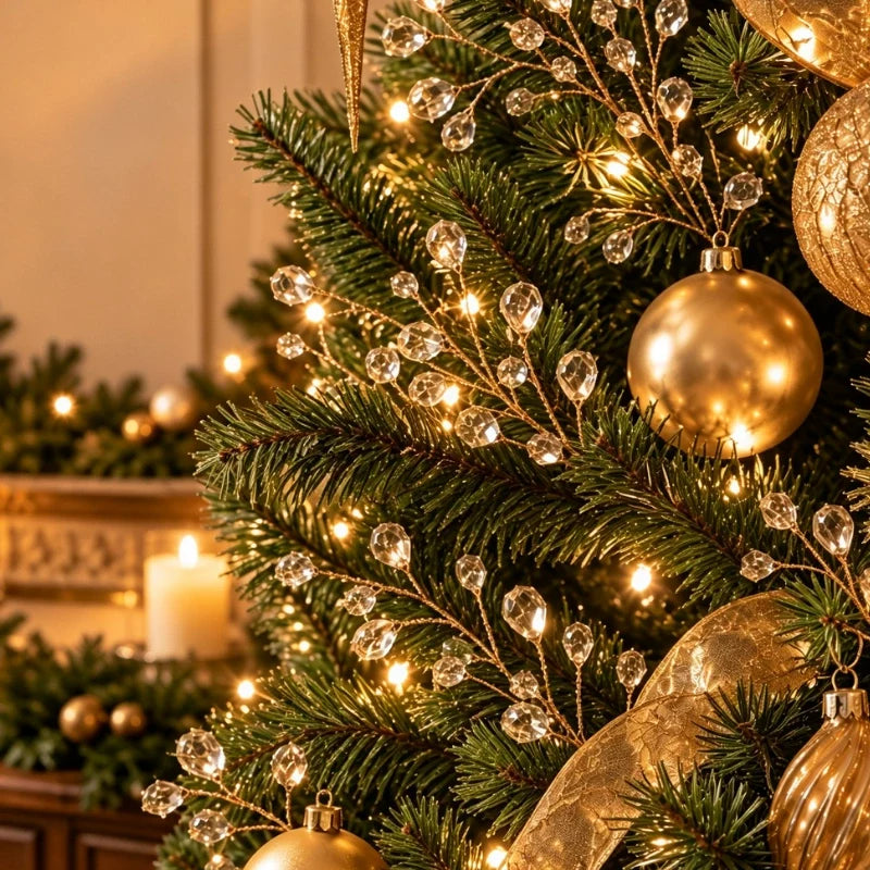 Sparkling decorative branches with beads and pearls on metallic stems for festive holiday décor