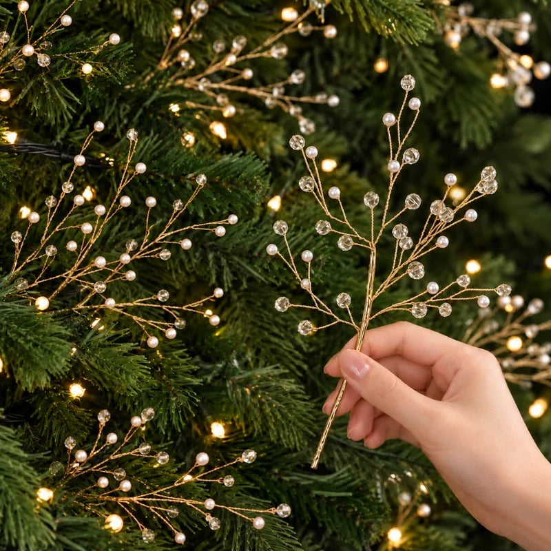 Sparkling decorative branches with beads and pearls on metallic stems for festive holiday décor 13