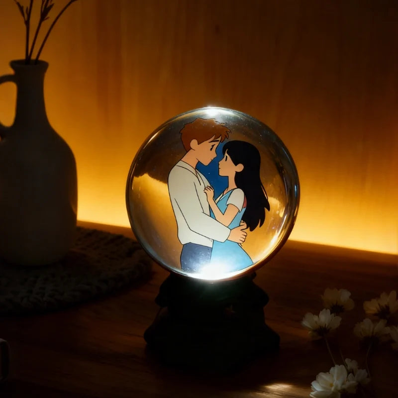 Spherical digital memory display showing a glowing ambient photo on a wooden surface 2