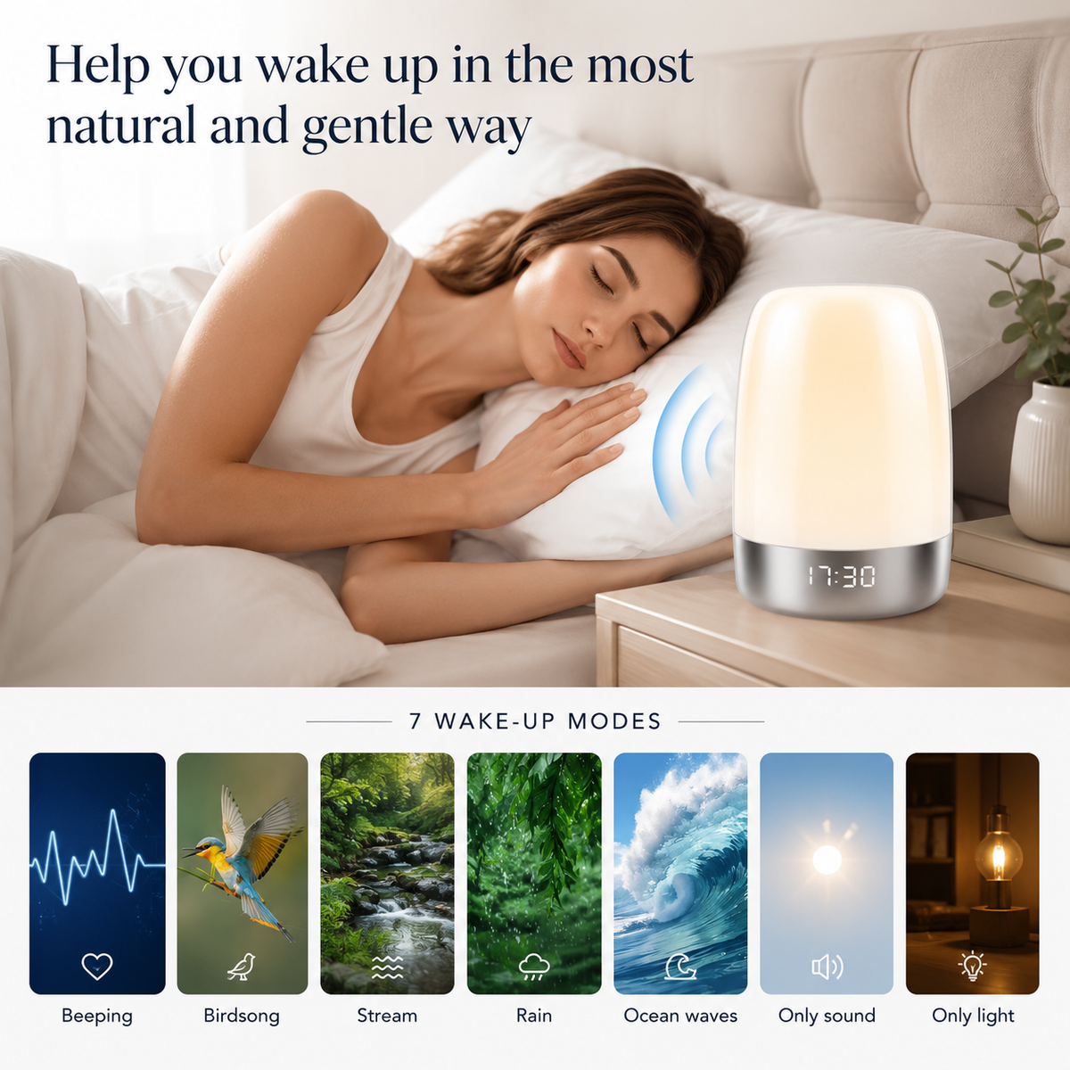 Sunrise Alarm Clock with gentle light simulation for waking up. 6