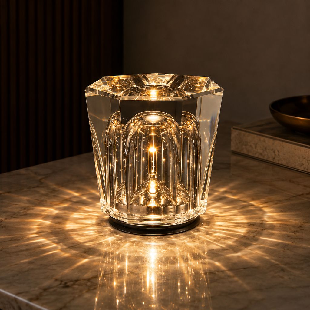 Crystal-cut USB rechargeable table lamp for bars and cafes.