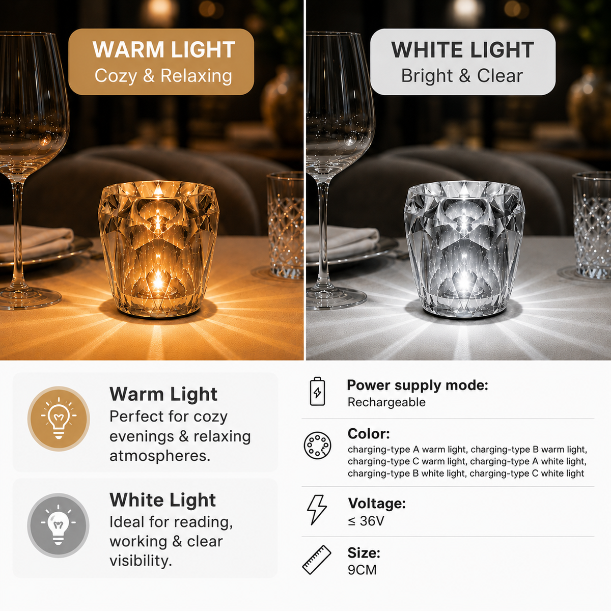 Crystal-cut USB rechargeable table lamp for bars and cafes. 3