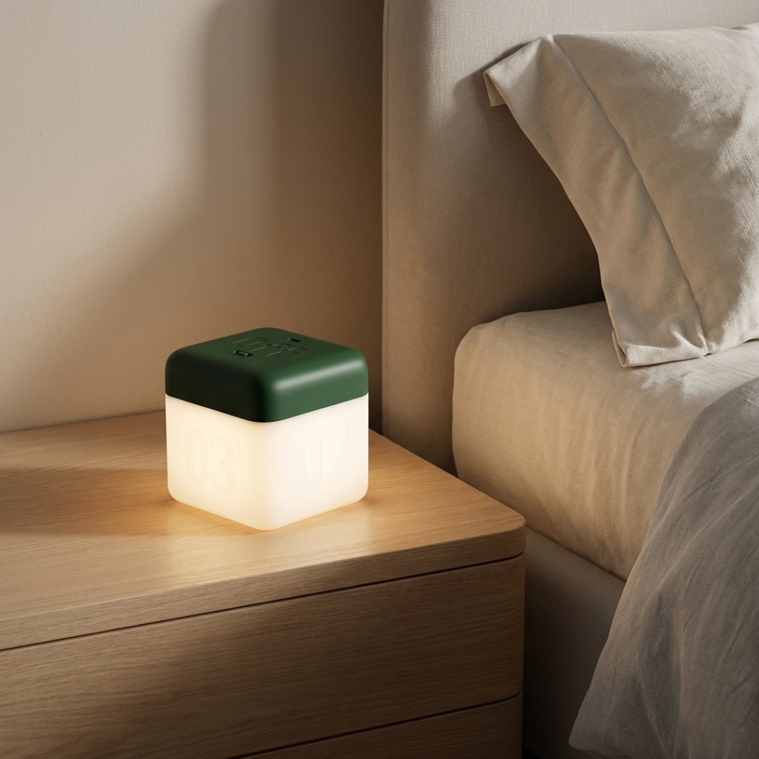 Soft glowing cube night light that turns off automatically.