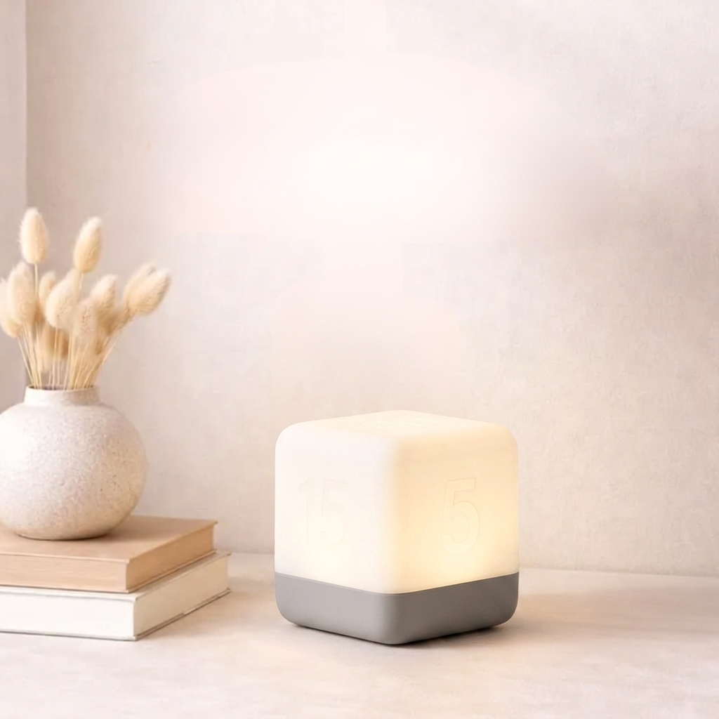 Soft glowing cube night light that turns off automatically. 5