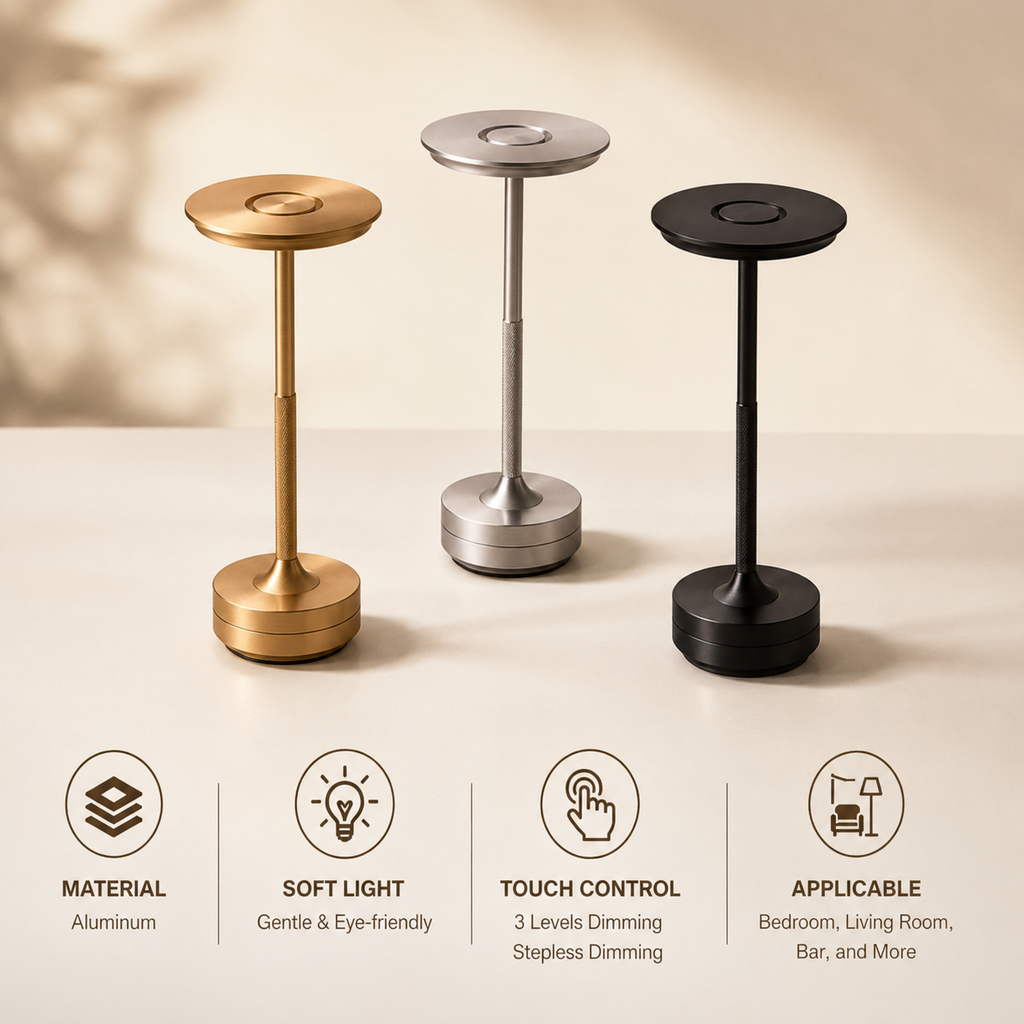 Dimmable touch control table lamp in various colors. 10