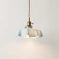 Elegant Vintage Ruffle Pendant Light with scalloped glass shade and antique copper holder.