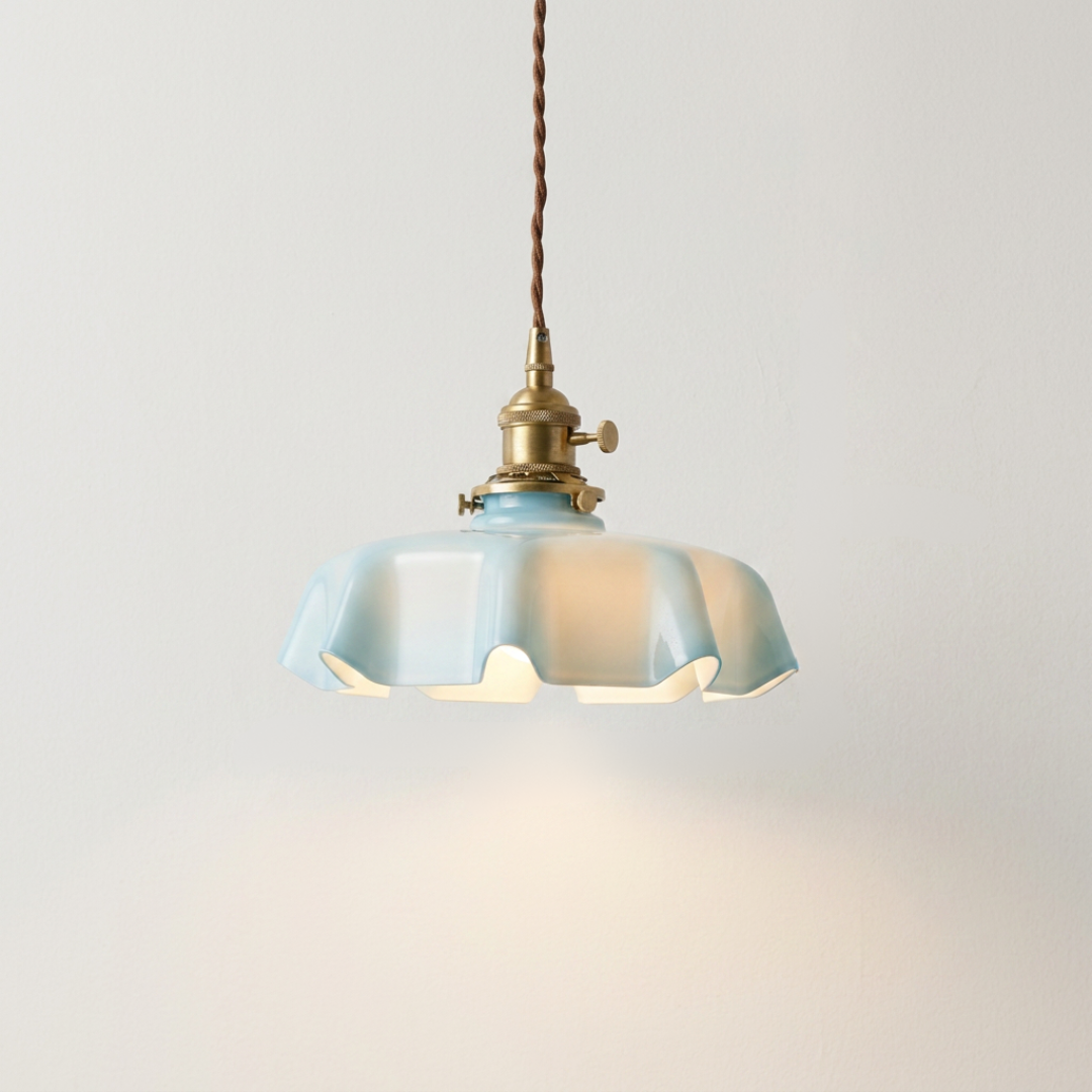 Elegant Vintage Ruffle Pendant Light with scalloped glass shade and antique copper holder.