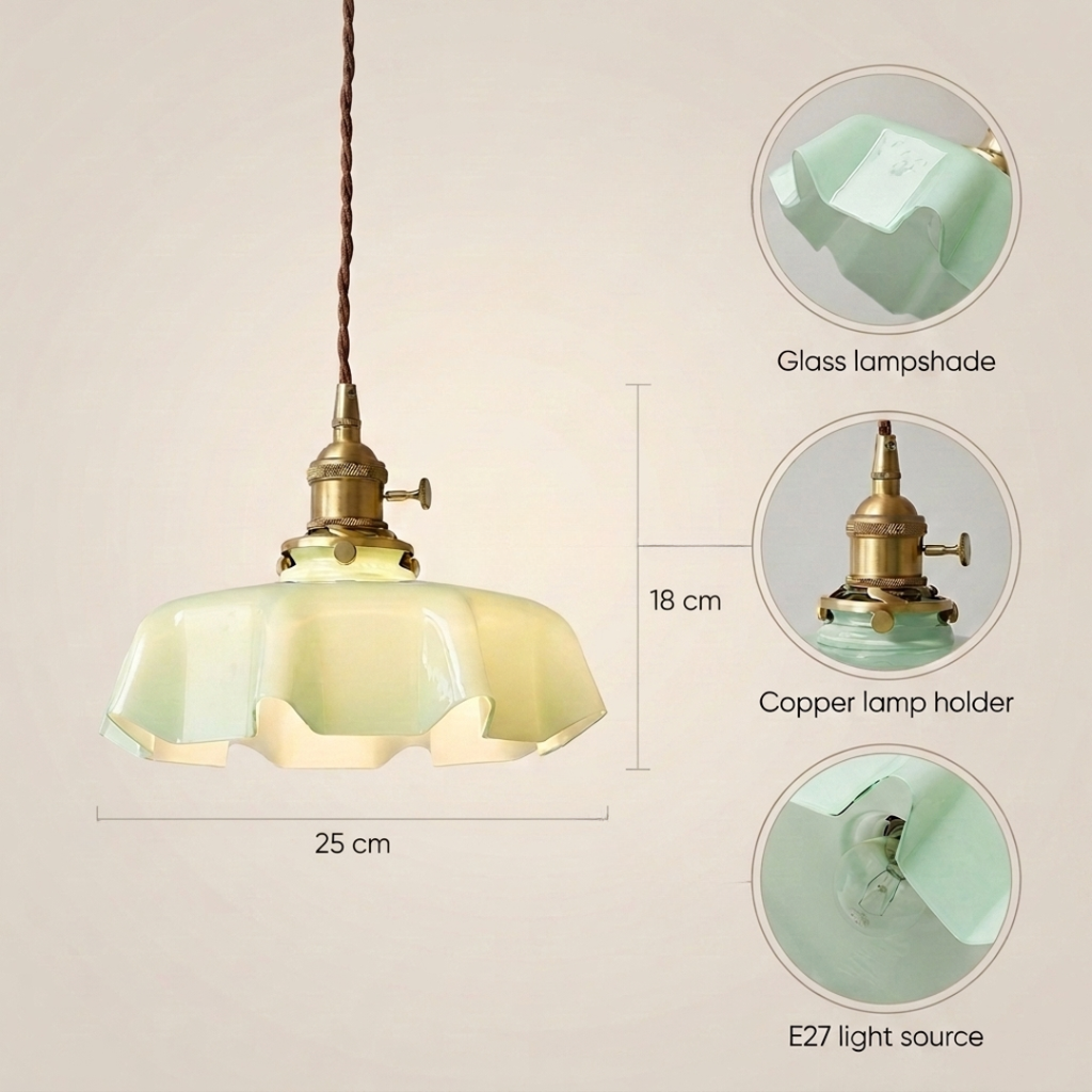 Elegant Vintage Ruffle Pendant Light with scalloped glass shade and antique copper holder. 3
