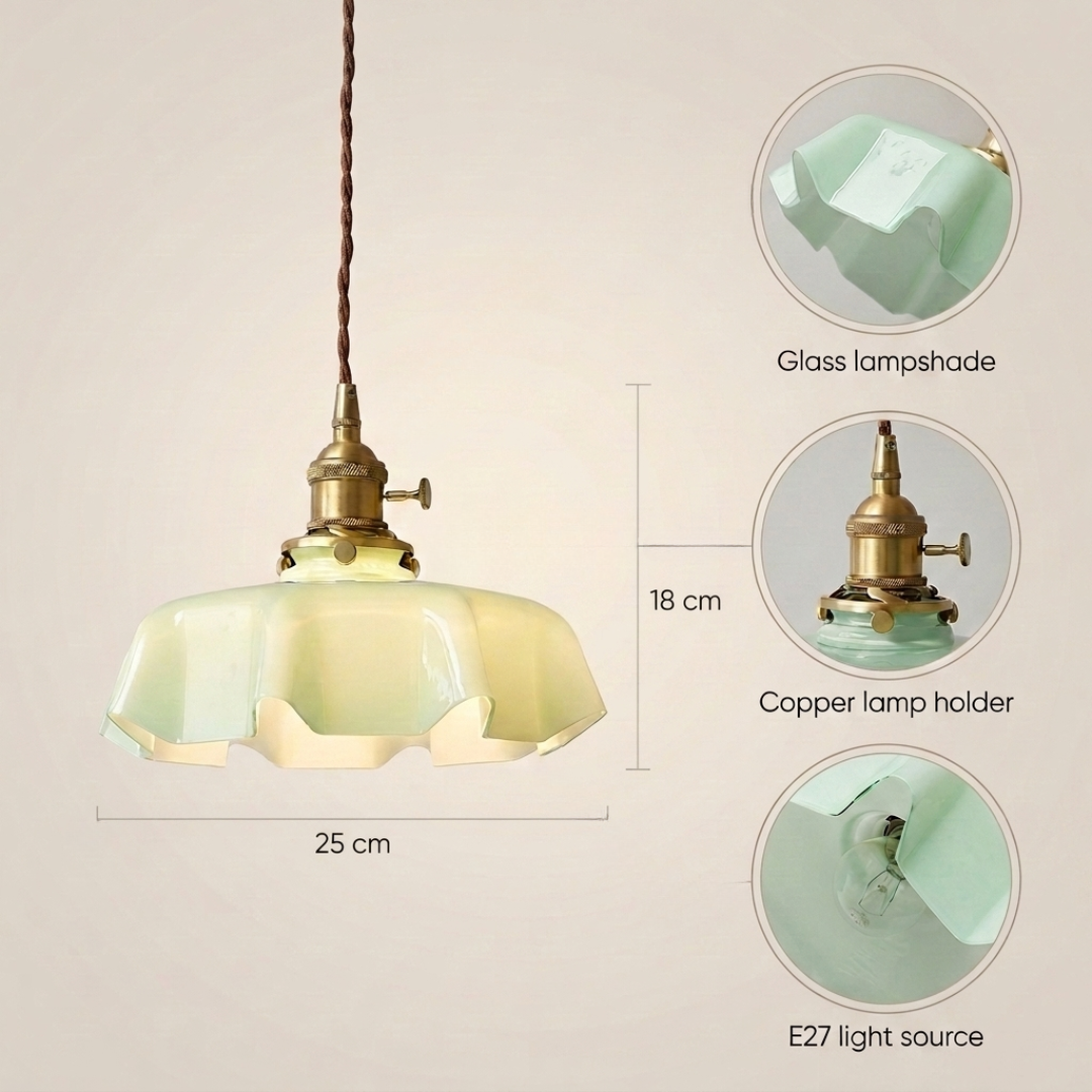 Elegant Vintage Ruffle Pendant Light with scalloped glass shade and antique copper holder. 3
