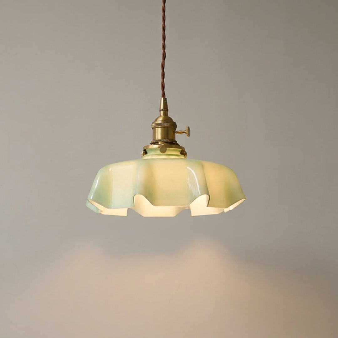 Elegant Vintage Ruffle Pendant Light with scalloped glass shade and antique copper holder. 4