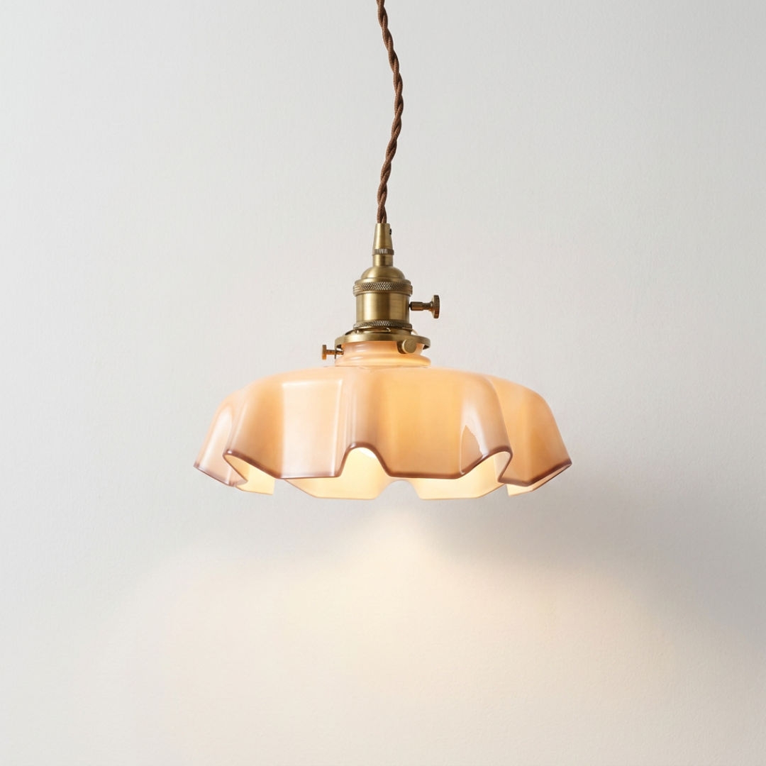 Elegant Vintage Ruffle Pendant Light with scalloped glass shade and antique copper holder. 6