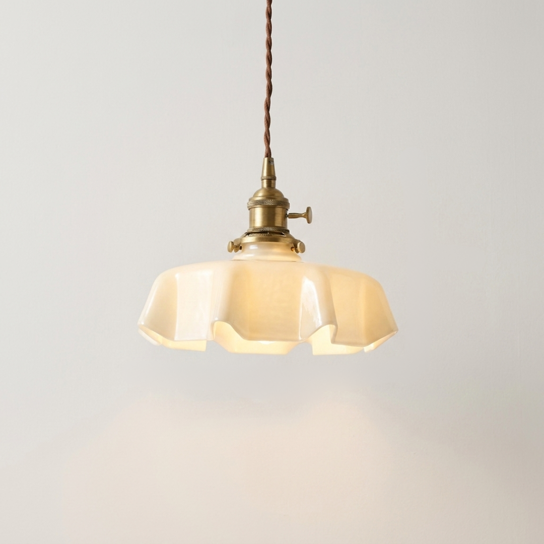 Elegant Vintage Ruffle Pendant Light with scalloped glass shade and antique copper holder. 7
