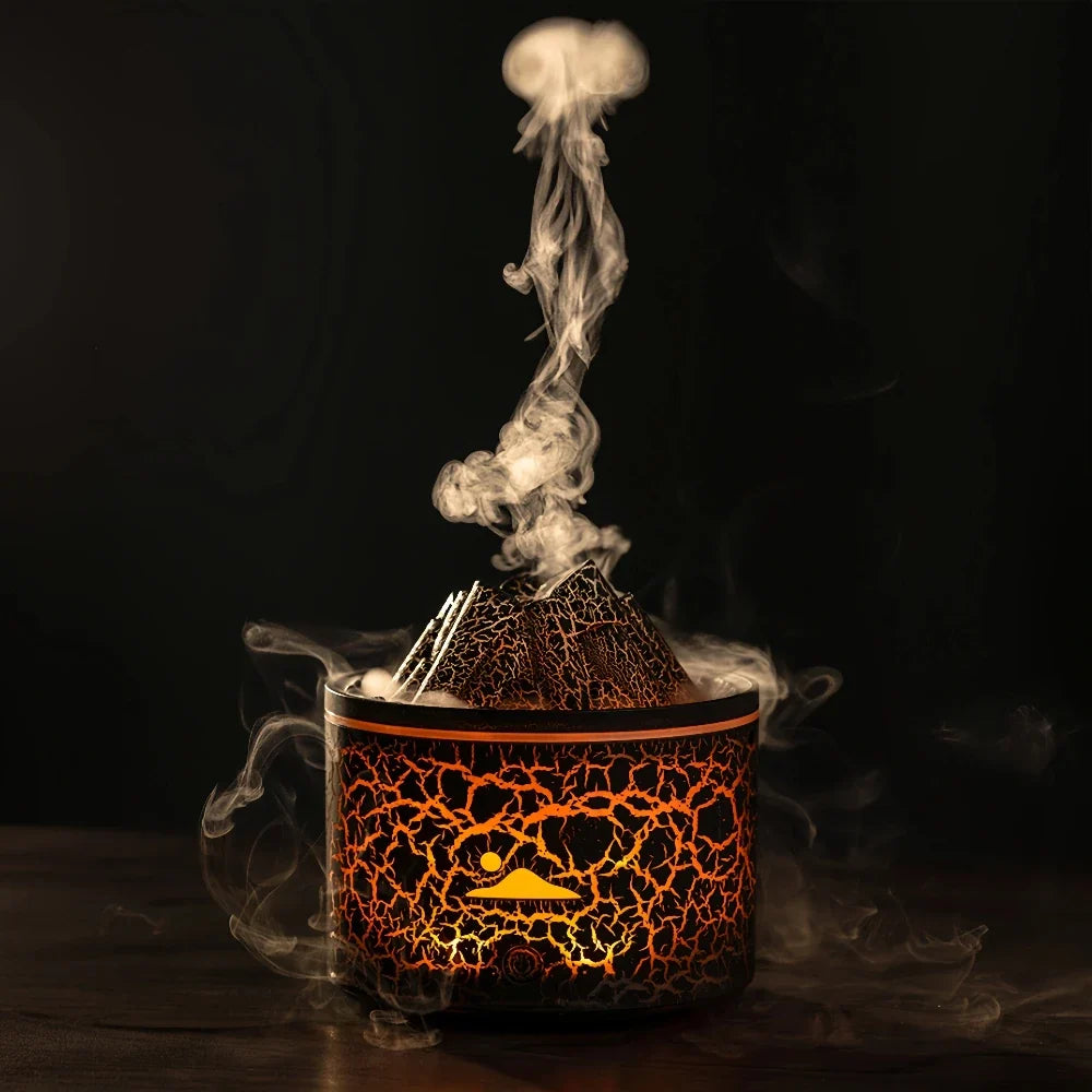 Volcano-shaped humidifier with color-changing LED lights and dual spray modes for aromatherapy and skin hydration