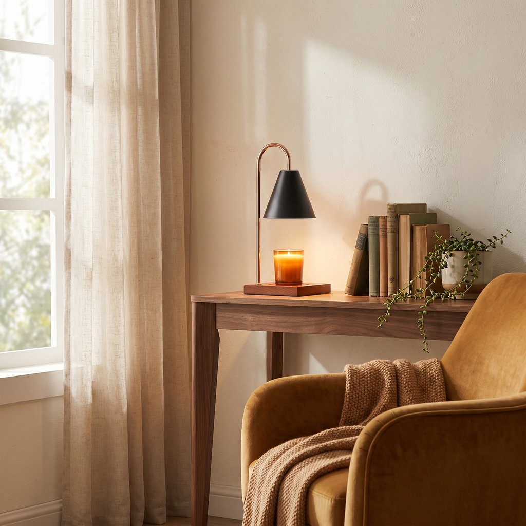 Elegant wax melt warmer candle lamp with a curved arm and dimmer switch. 2