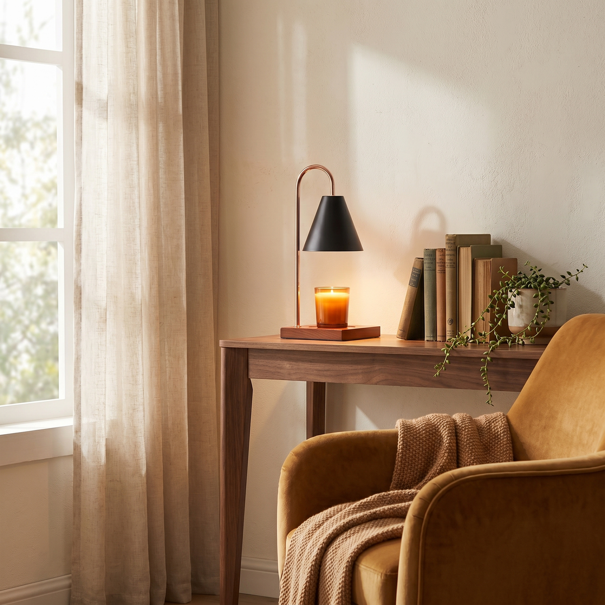 Elegant wax melt warmer candle lamp with a curved arm and dimmer switch. 2