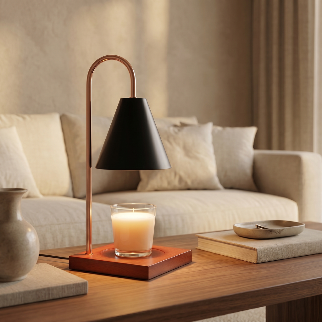 Elegant wax melt warmer candle lamp with a curved arm and dimmer switch. 3