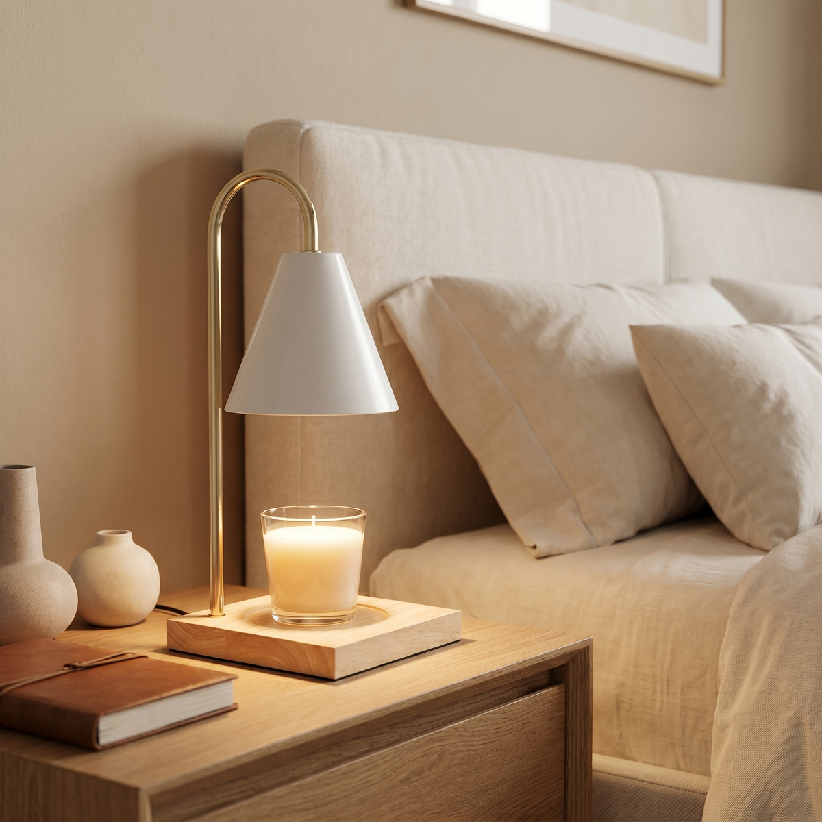 Elegant wax melt warmer candle lamp with a curved arm and dimmer switch. 7