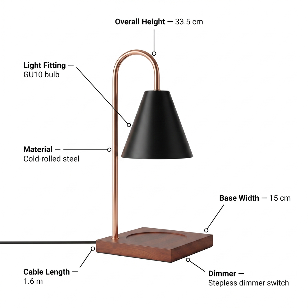 Elegant wax melt warmer candle lamp with a curved arm and dimmer switch. 9