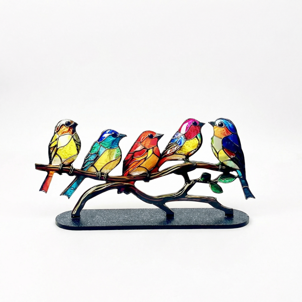 Whimsical acrylic multi-bird ornament with colorful printed birds perched on a branch for tabletop decor.