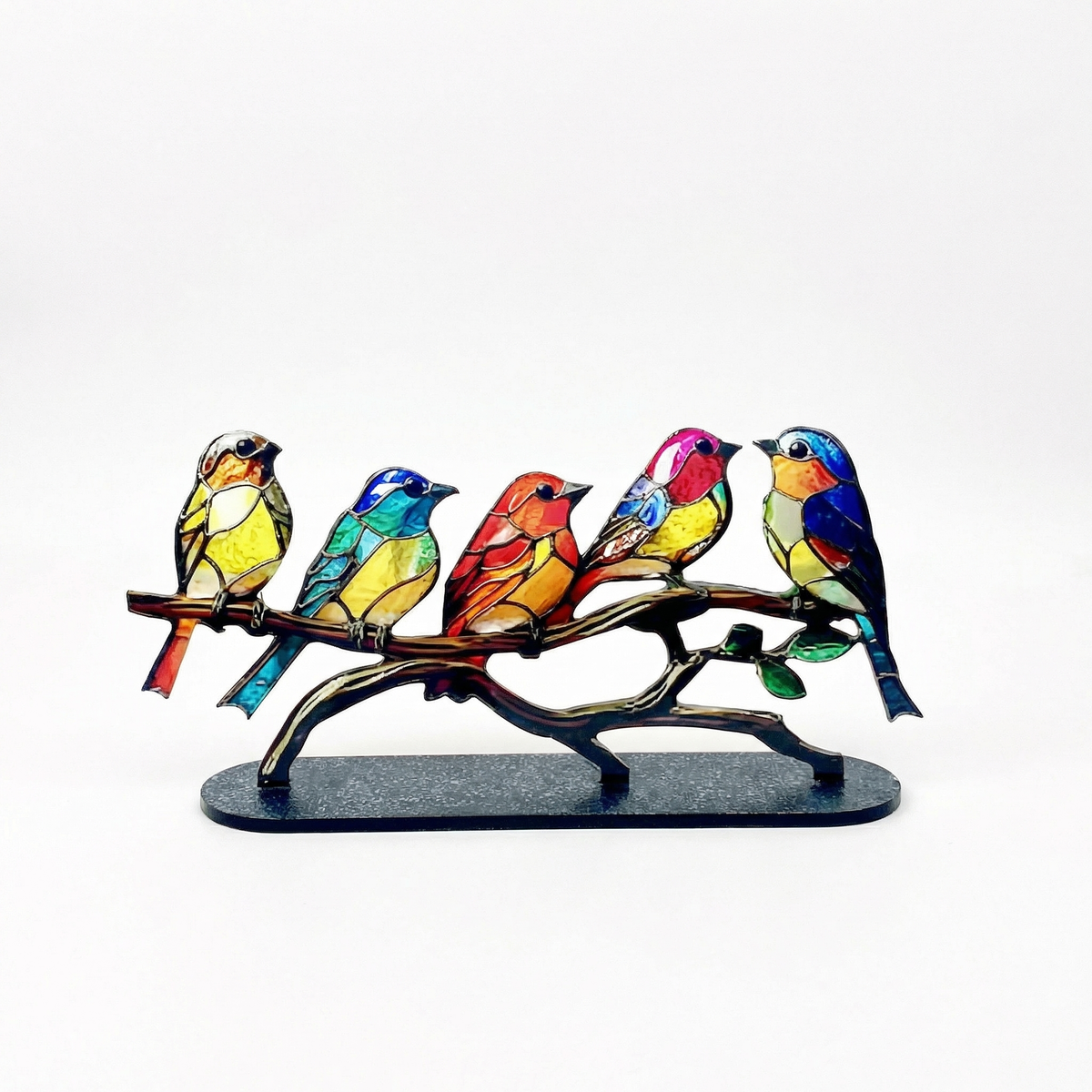 Whimsical acrylic multi-bird ornament with colorful printed birds perched on a branch for tabletop decor.