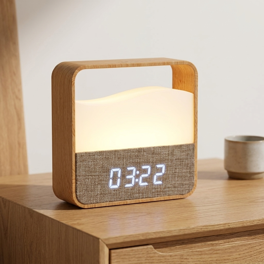 Stylish wood grain alarm clock with night light.