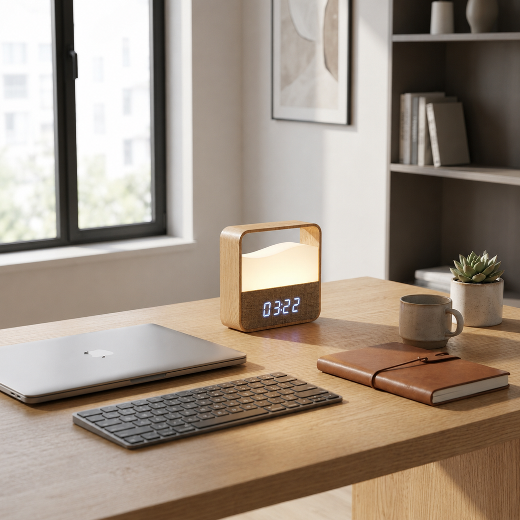 Stylish wood grain alarm clock with night light. 2