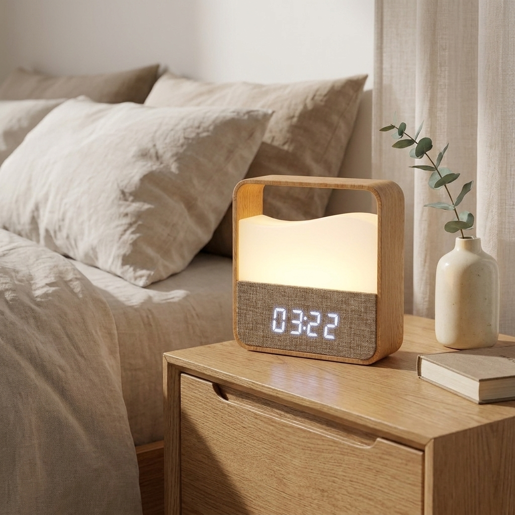 Stylish wood grain alarm clock with night light. 3