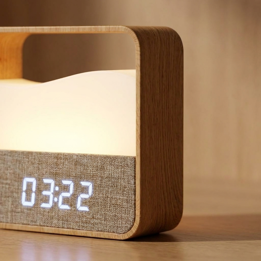 Stylish wood grain alarm clock with night light. 4