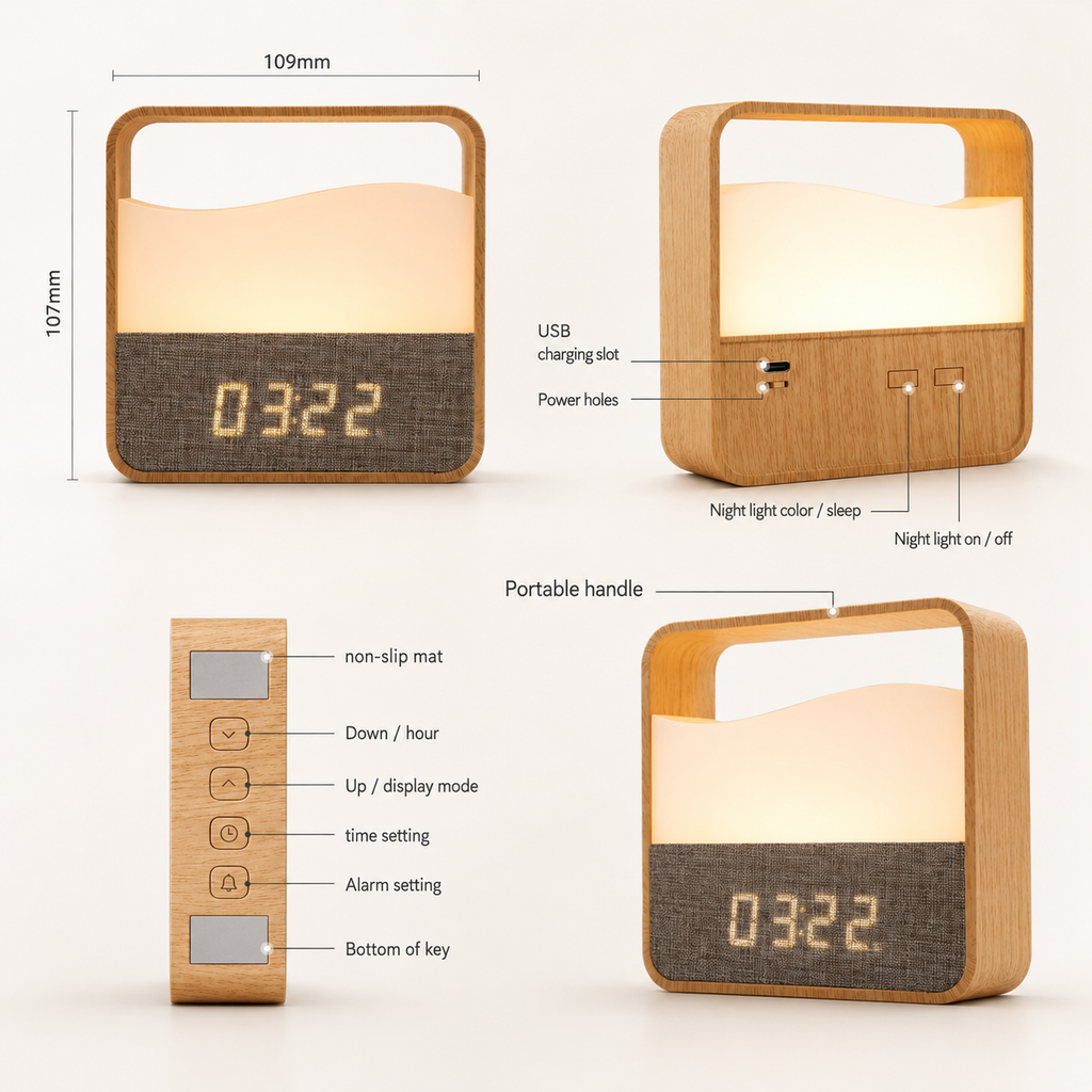 Stylish wood grain alarm clock with night light. 5