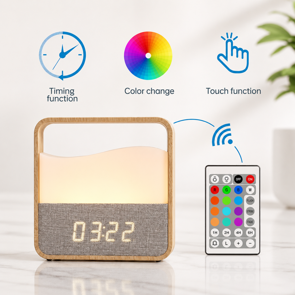 Stylish wood grain alarm clock with night light. 6