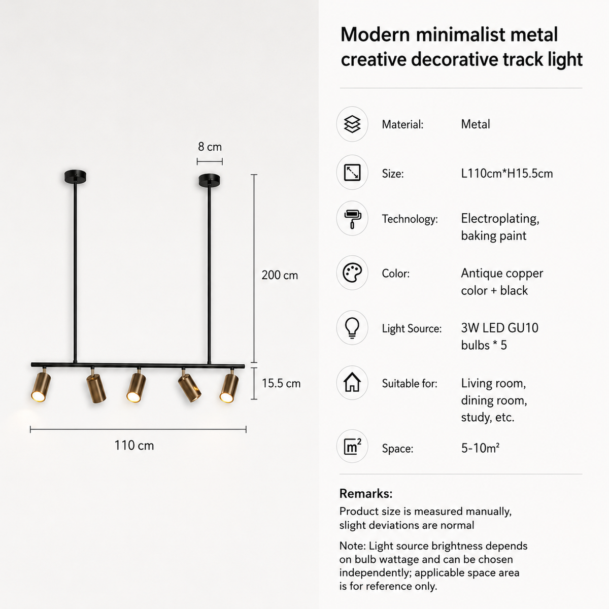 Elegant postmodern wrought iron chandelier with 5 heads and antique copper accents. 10